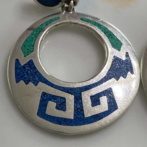 VTG Taxco Sterling Silver Turquoise Inlay Hoop Earrings - Picture 4 of 5